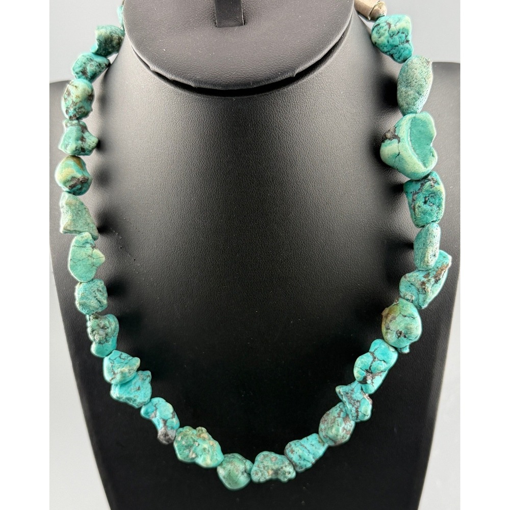 Vintage Southwestern Nugget Necklace Blue Green Beads Sterling Silver Ends 18"